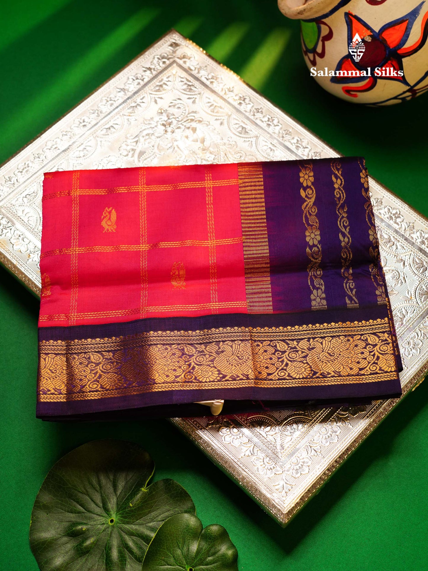 Magenta Pink  Beautiful Kattam Butta Semi Silk Cotton Saree With Violet Traditional Korvai Border