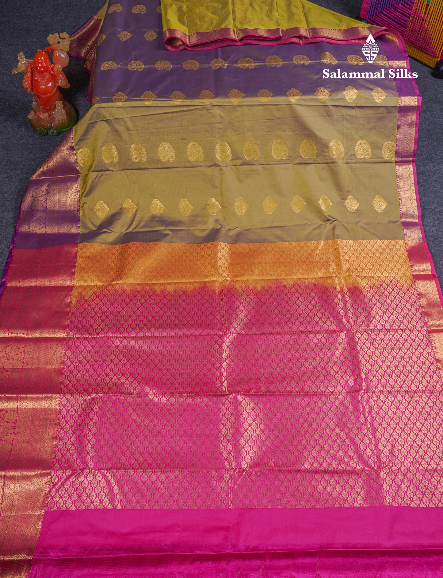 Beautiful Dual Tone Olive Mustard Yellow Semi Silk Saree With Traditional Evening Morning Border