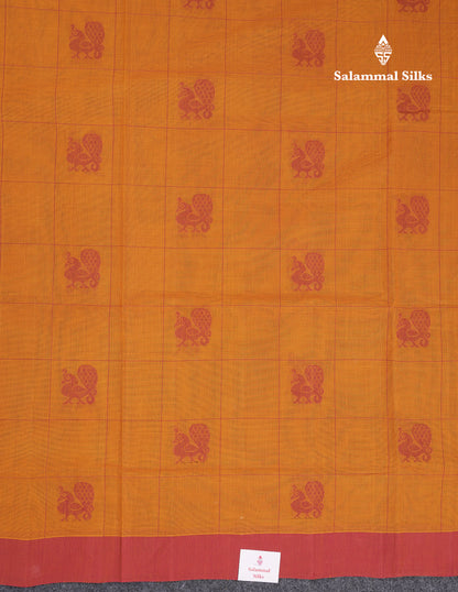 Beautiful Yellow Checks With Thread Work Butta Handloom Pure Cotton Saree With Contrast Redish Maroon Blouse