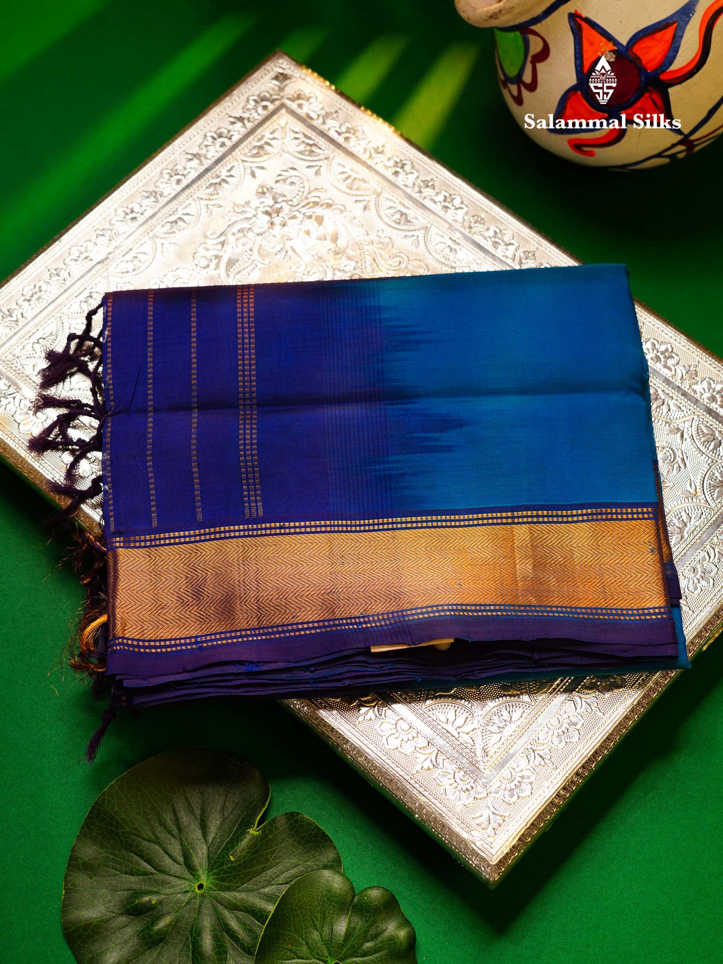 Ramar Blue Plain Pure Silk Cotton Saree With Contrast Royal Blue Blouse