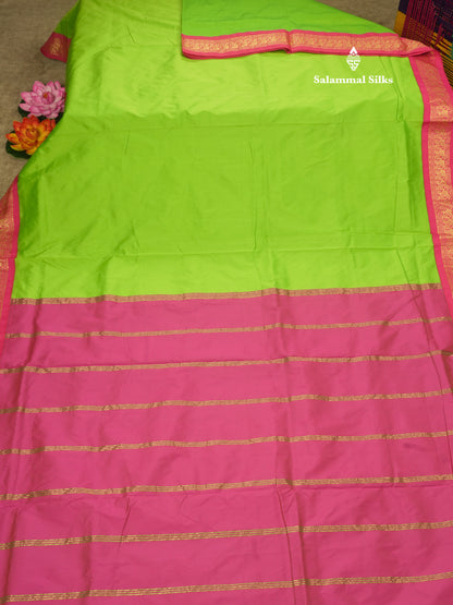 11 Yards Semi Silk Saree Green with Contrast Pink Border