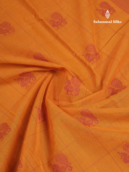 Beautiful Yellow Checks With Thread Work Butta Handloom Pure Cotton Saree With Contrast Redish Maroon Blouse