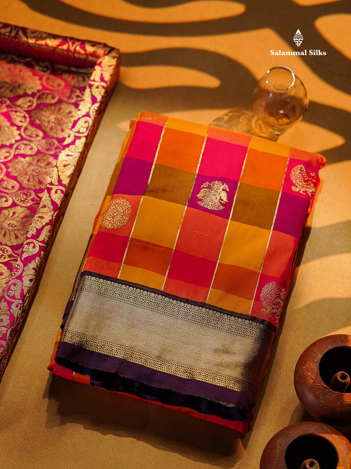 Semi Silk Saree - Paalum Pazham Checks With Traditional Buttas & Dark Purple Border