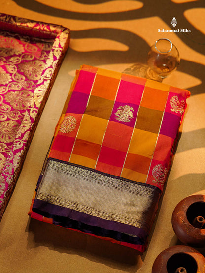 Semi Silk Saree - Paalum Pazham Checks With Traditional Buttas & Dark Purple Border