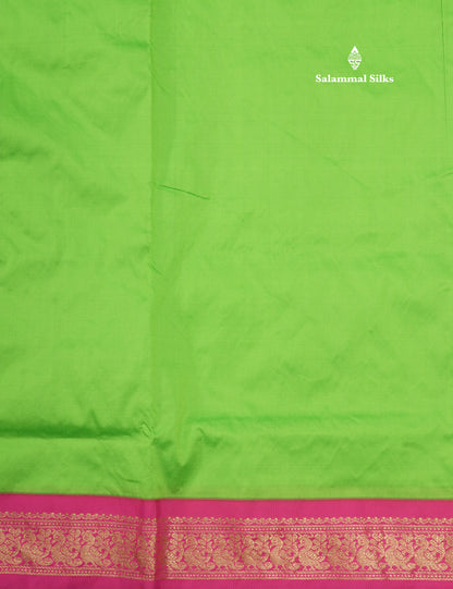 11 Yards Semi Silk Saree Green with Contrast Pink Border
