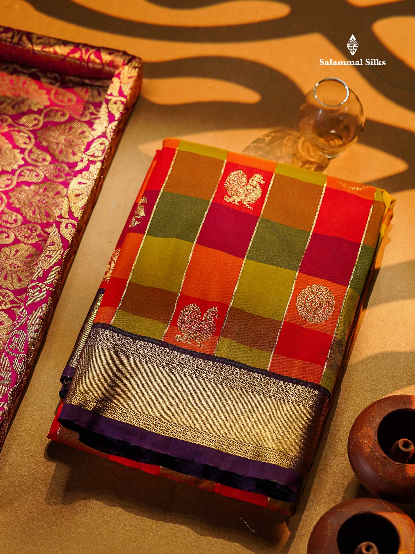 Semi Silk Saree - Paalum Pazham Checks With Traditional Buttas & Dark Purple Border