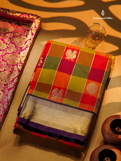 Semi Silk Saree - Paalum Pazham Checks With Traditional Buttas & Dark Purple Border