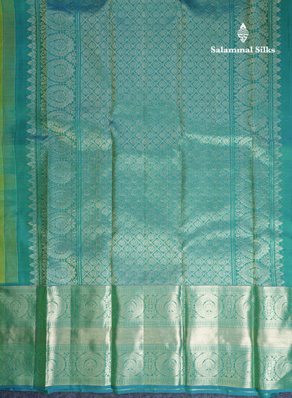 Dual Tone Parrot Green Pure Kanjivaram Silk Saree With Contrast Sapphire Green Long Border