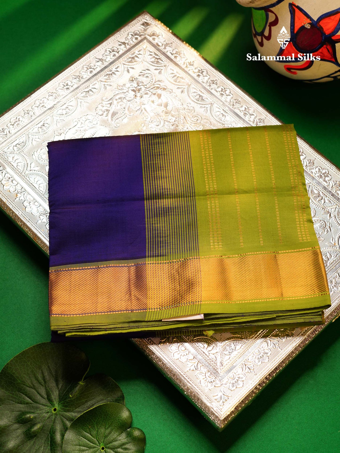 Beautiful Violet Plain Semi Silk Cotton Saree With Contrast Parrot Green Blouse
