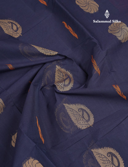 Beautiful Navy Blue Thread Work Butta Handloom Pure Cotton Saree With Contrast Maroon Blouse