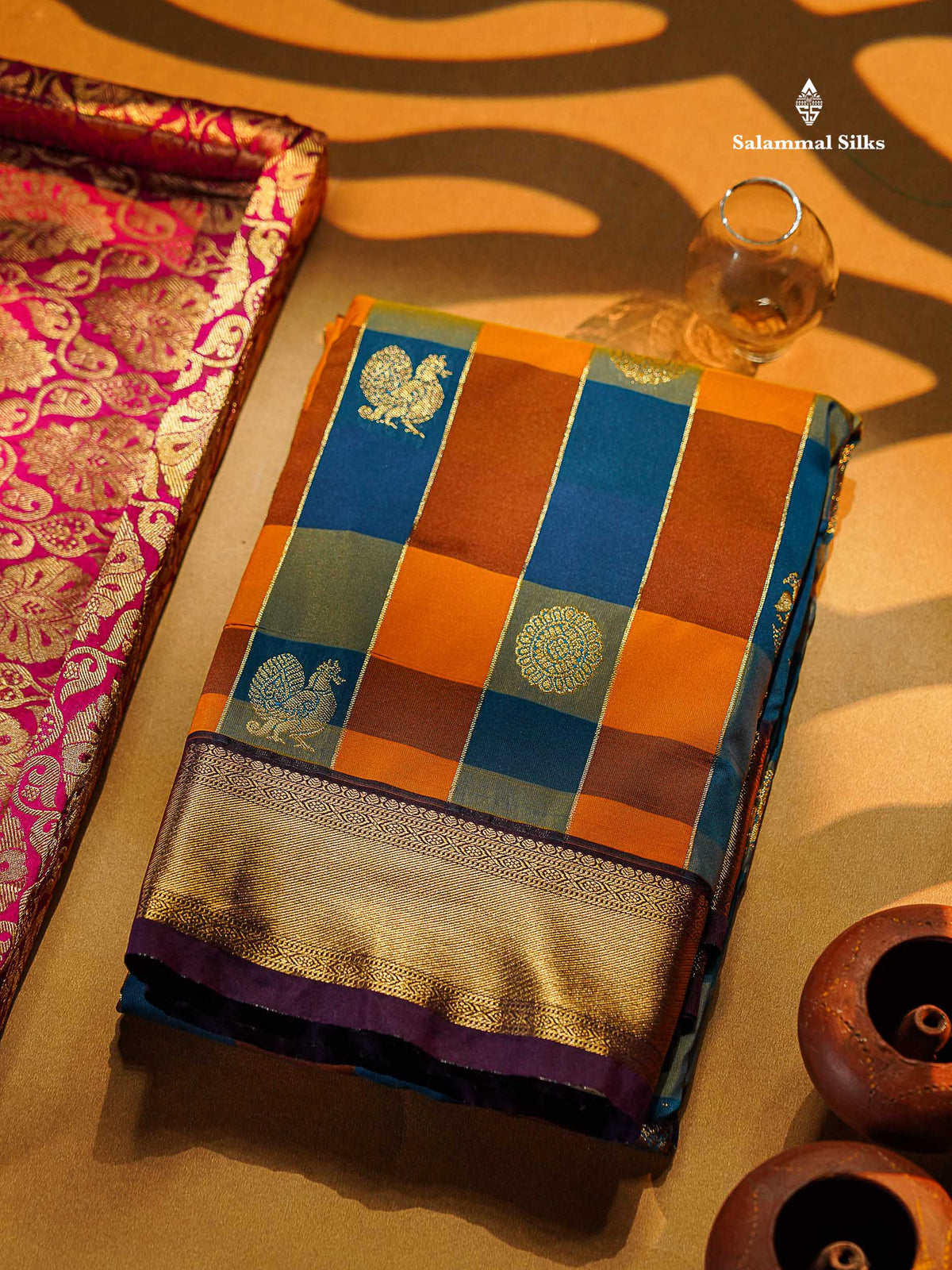 Semi Silk Saree - Paalum Pazham Checks With Traditional Buttas & Dark Purple Border