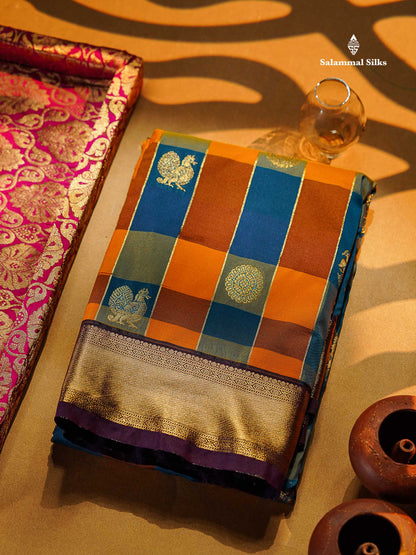 Semi Silk Saree - Paalum Pazham Checks With Traditional Buttas & Dark Purple Border