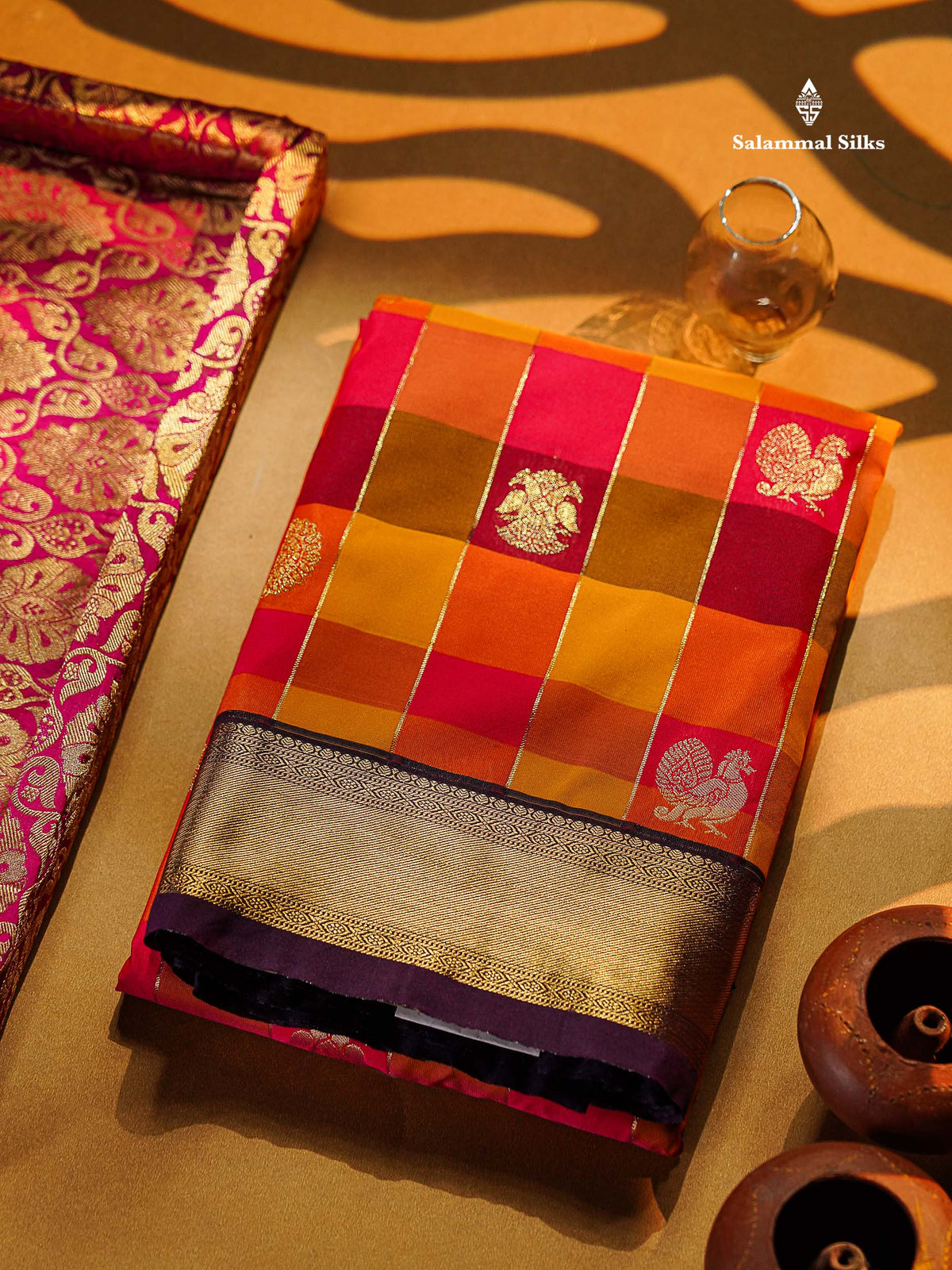 Semi Silk Saree - Paalum Pazham Checks With Traditional Buttas & Dark Purple Border