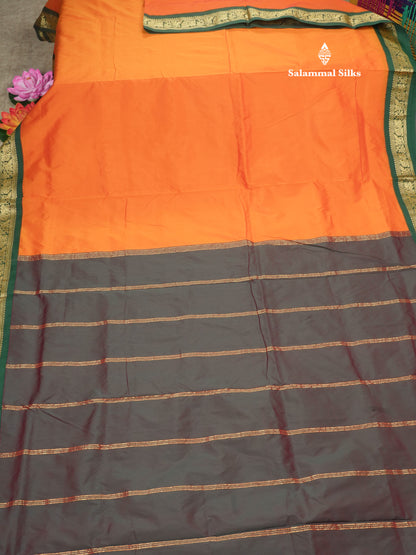 11 Yards Semi Silk Saree Green with Contrast Pink Border