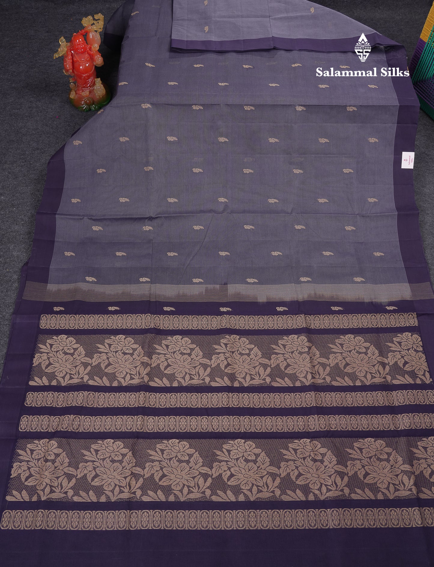 Beautiful Blueish Grey Thread Work Butta Handloom Pure Cotton Saree With Contrast Navy Blue Blouse