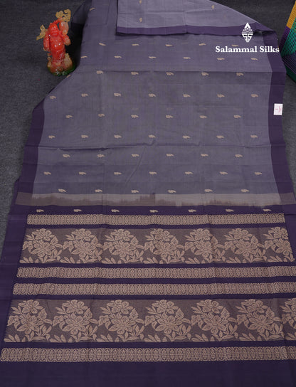 Beautiful Blueish Grey Thread Work Butta Handloom Pure Cotton Saree With Contrast Navy Blue Blouse