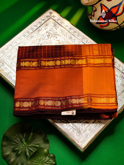 Beautiful Dark Maroon Small Checks Semi Silk Cotton Saree With Contrast Mustard Yellow Blouse
