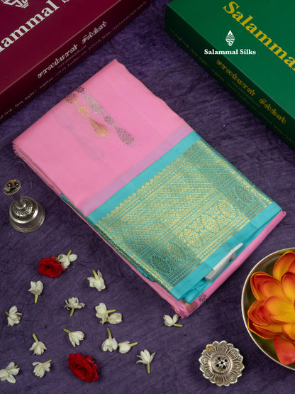 Kanjivaram Beautiful Baby Pink Silver And Gold Zari Buttas Pure Silk Saree With Light Anandha Blue Border