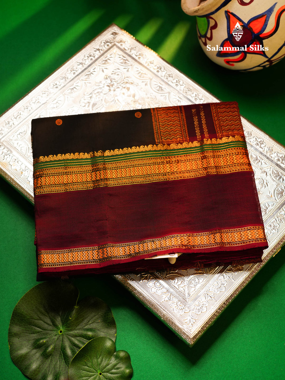 Beautiful Black Thread Work Butta Semi Silk Cotton Saree With Contrast Dark Maroon Traditional Gap Border
