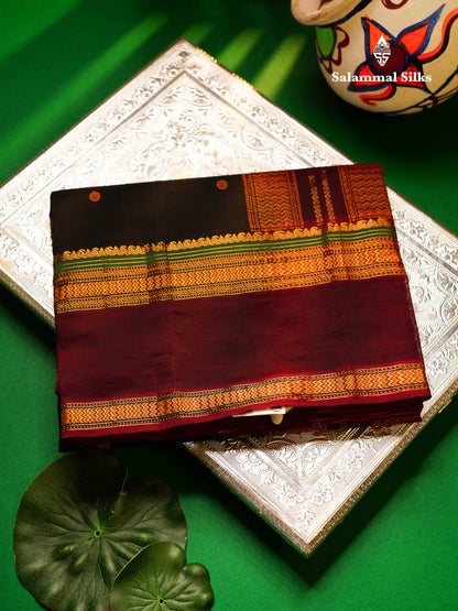 Beautiful Black Thread Work Butta Semi Silk Cotton Saree With Contrast Dark Maroon Traditional Gap Border
