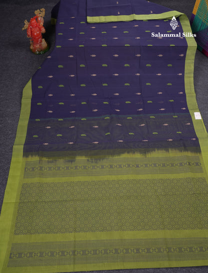 Beautiful Navy Blue Thread Work Butta Handloom Pure Cotton Saree With Contrast Parrot Green Blouse