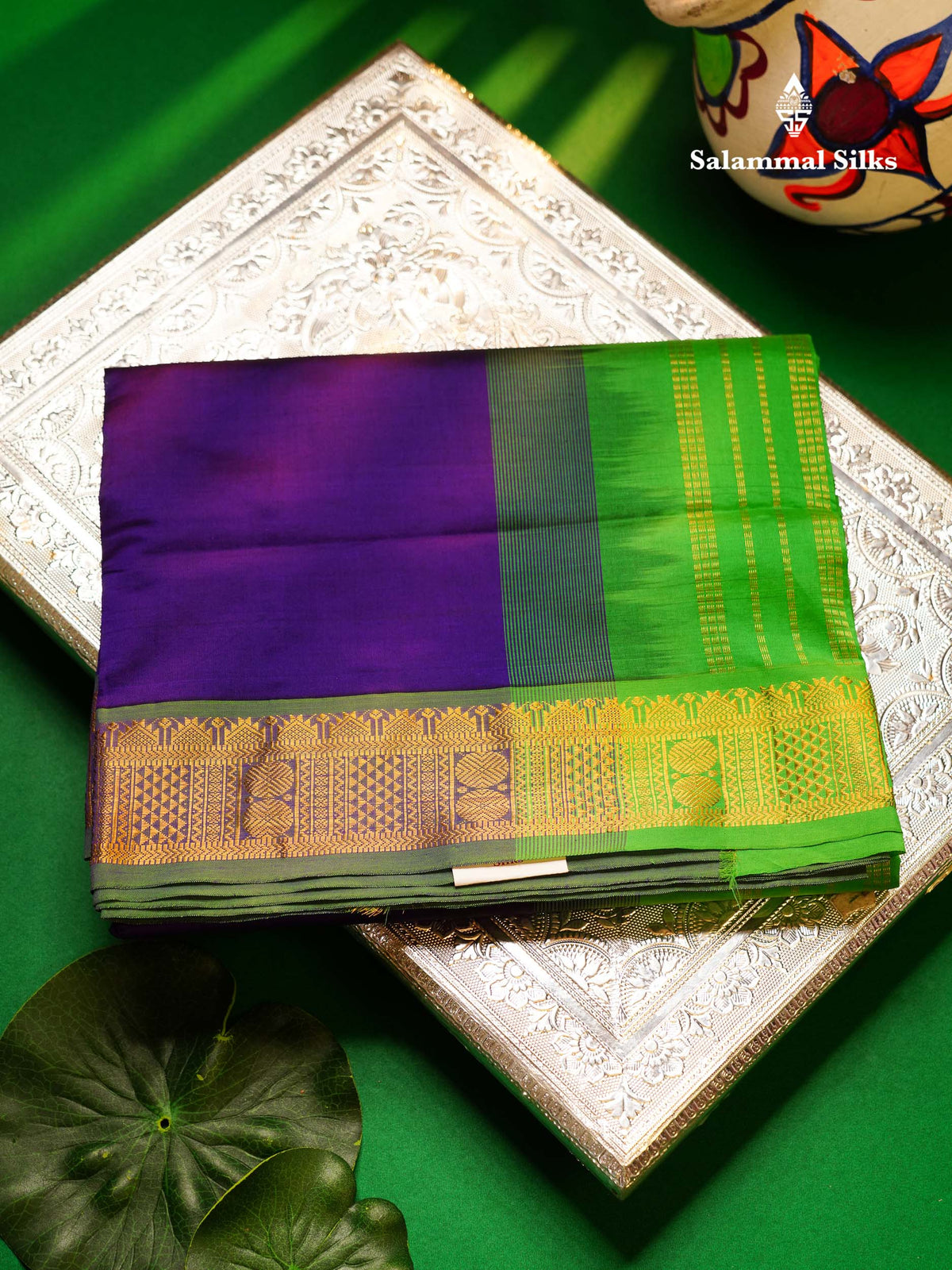 Beautiful Violet Plain Semi Silk Cotton Saree With Green Traditional Border