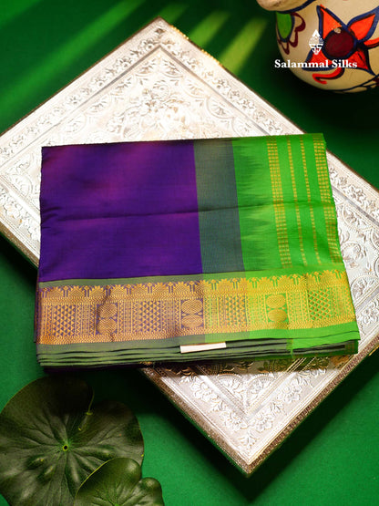 Beautiful Violet Plain Semi Silk Cotton Saree With Green Traditional Border