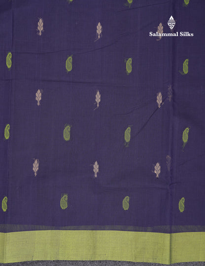Beautiful Navy Blue Thread Work Butta Handloom Pure Cotton Saree With Contrast Parrot Green Blouse