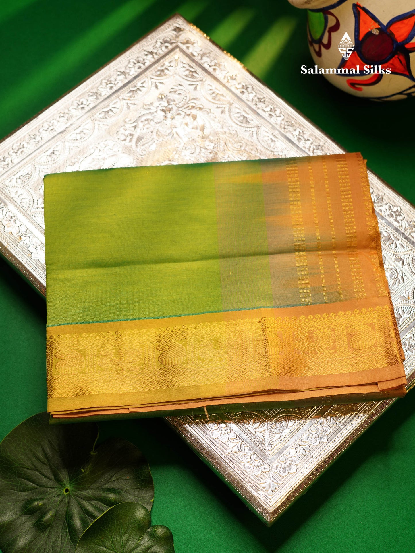 Beautiful Dual Tone Parrot Green Plain Semi Silk Cotton Saree With Contrast Dark Sandal Blouse