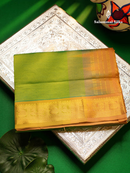 Beautiful Dual Tone Parrot Green Plain Semi Silk Cotton Saree With Contrast Dark Sandal Blouse