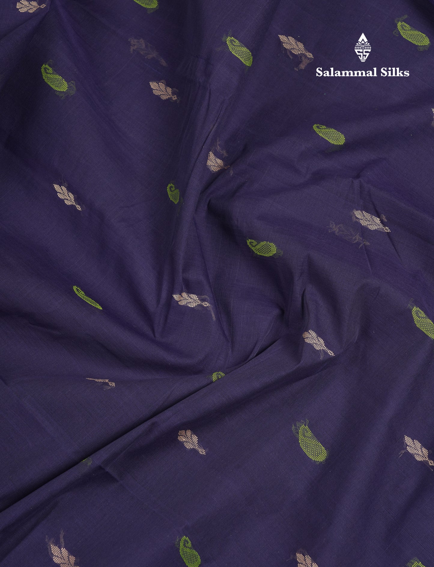 Beautiful Navy Blue Thread Work Butta Handloom Pure Cotton Saree With Contrast Parrot Green Blouse