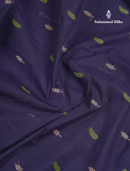 Beautiful Navy Blue Thread Work Butta Handloom Pure Cotton Saree With Contrast Parrot Green Blouse