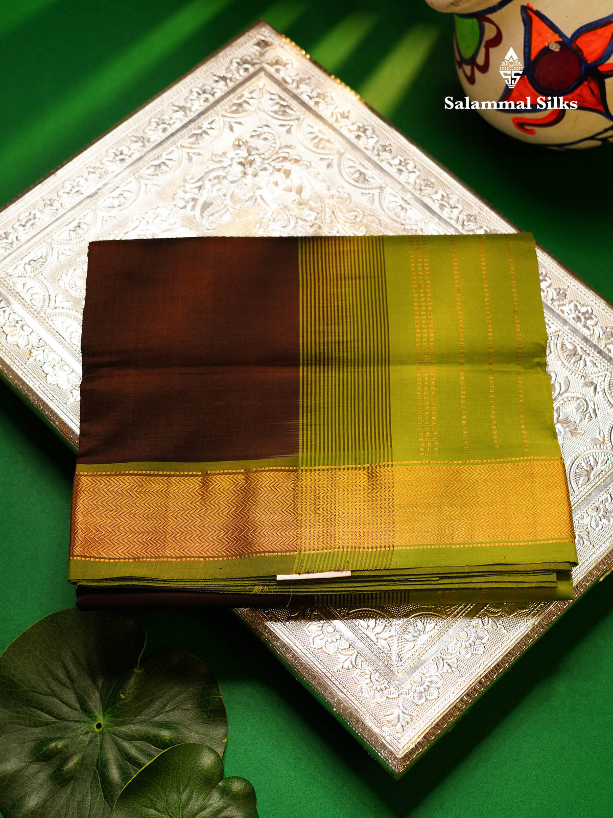 Beautiful Brown Plain Semi Silk Cotton Saree With Contrast Parrot Green Blouse