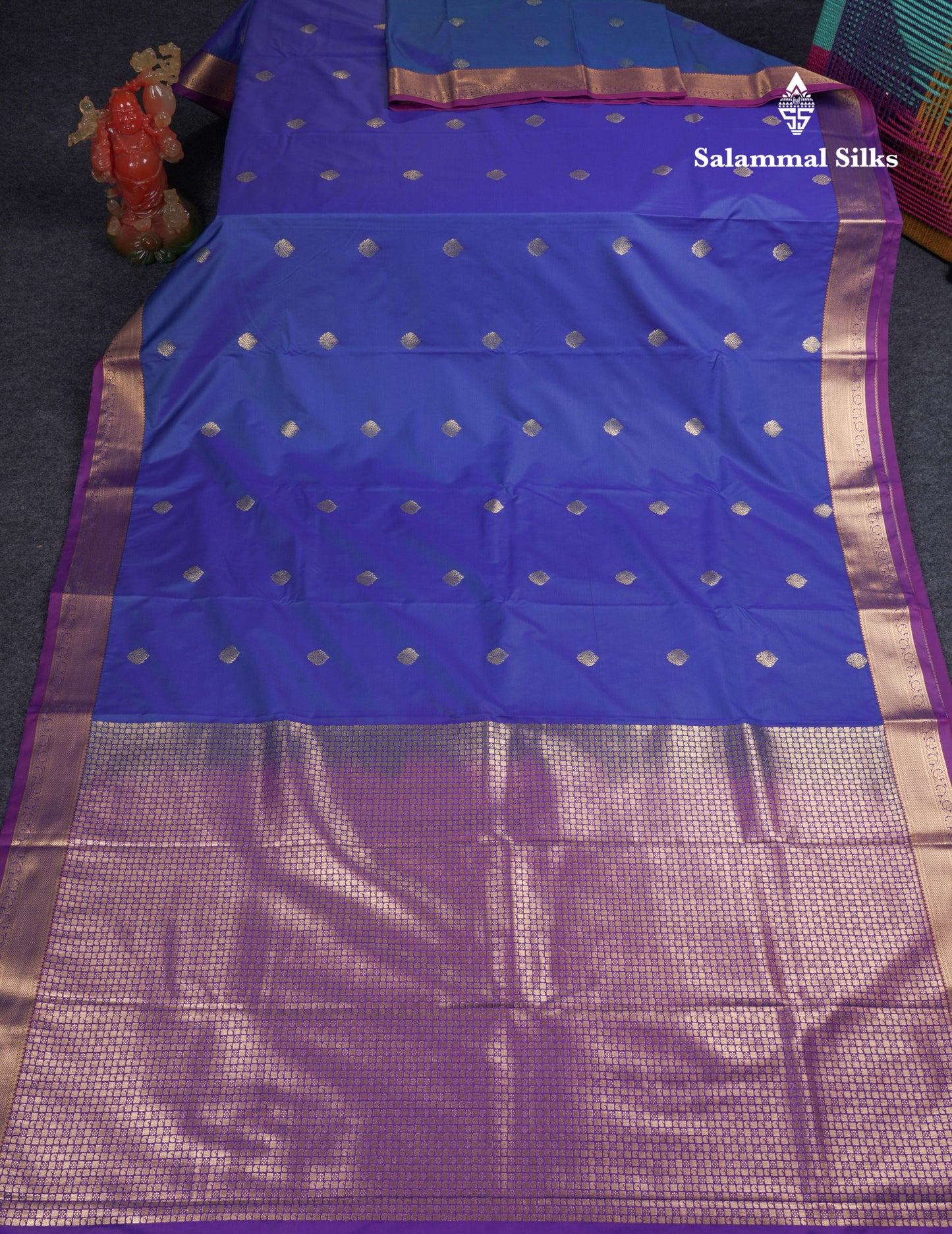 Beautiful Dual Tone Peacock Blue Semi Silk Saree With Contrast Purple Small Border