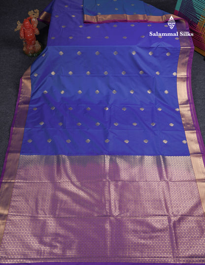 Beautiful Dual Tone Peacock Blue Semi Silk Saree With Contrast Purple Small Border