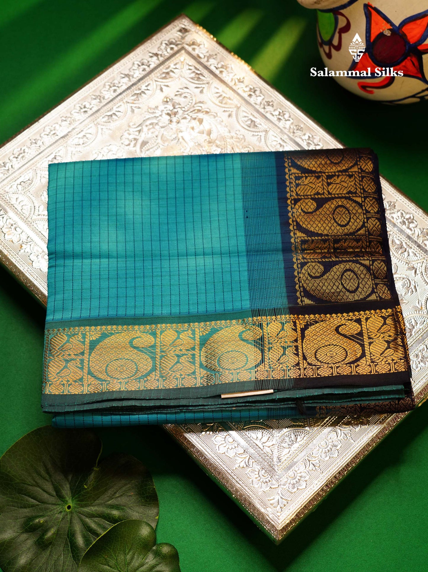 Beautiful Sky Blue Small Checks Semi Silk Cotton Saree With Contrast Navy Blue Blouse