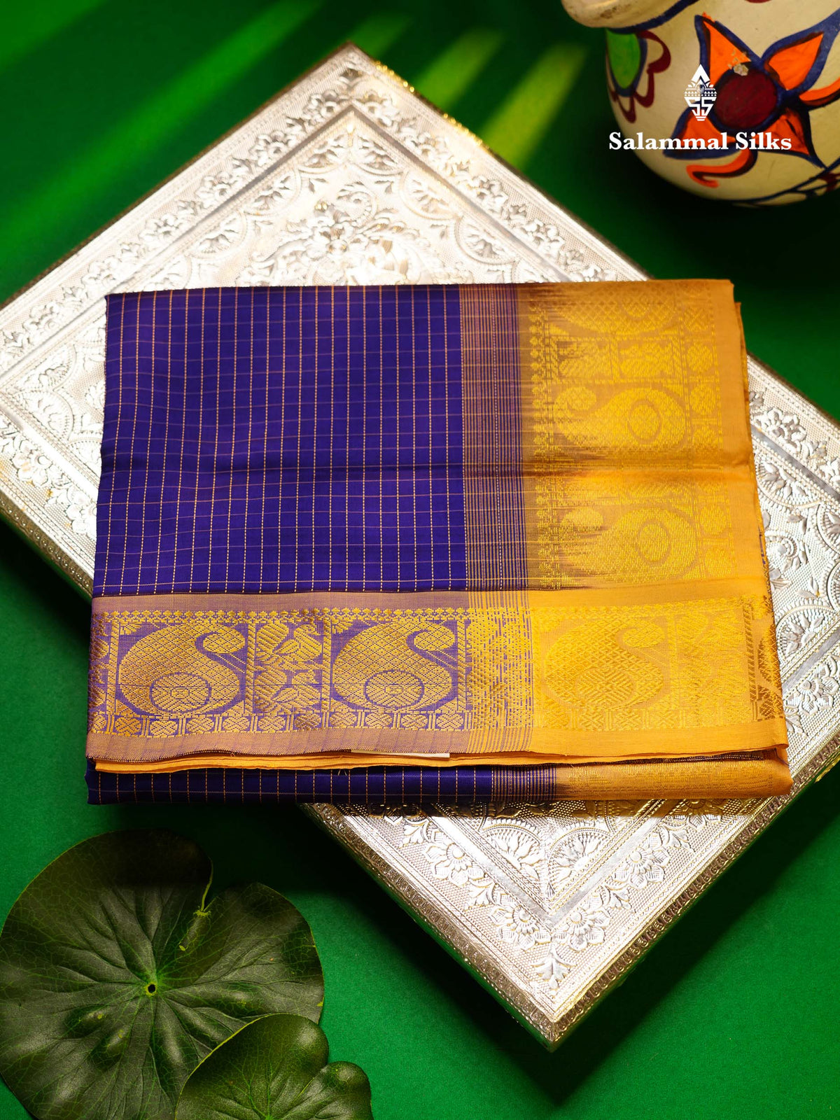 Beautiful Dual Tone Blue Small Checks Semi Silk Cotton Saree With Contrast Dark Sandal Blouse