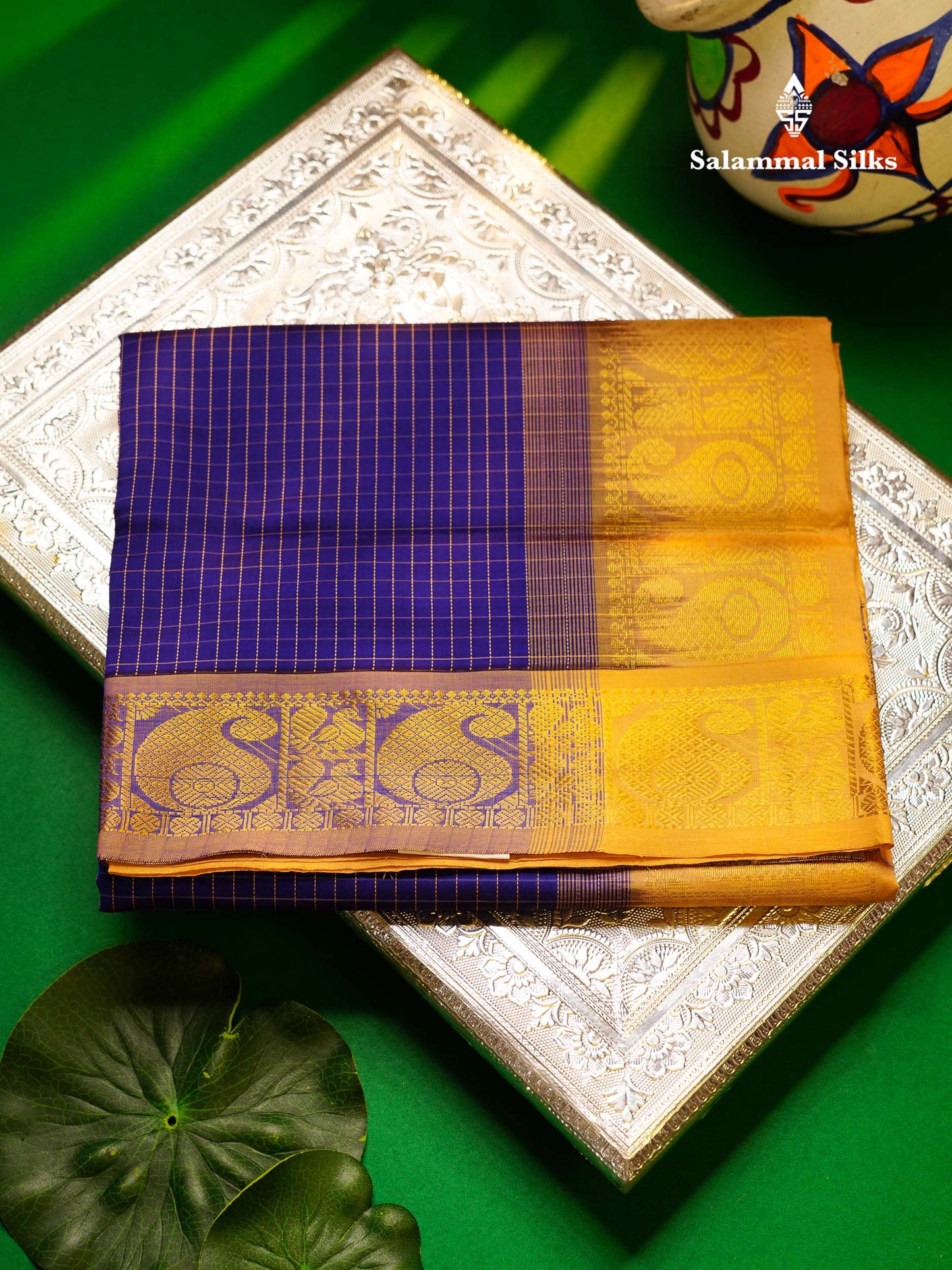 Beautiful Dual Tone Blue Small Checks Semi Silk Cotton Saree With Contrast Dark Sandal Blouse
