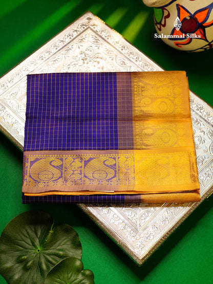 Beautiful Dual Tone Blue Small Checks Semi Silk Cotton Saree With Contrast Dark Sandal Blouse