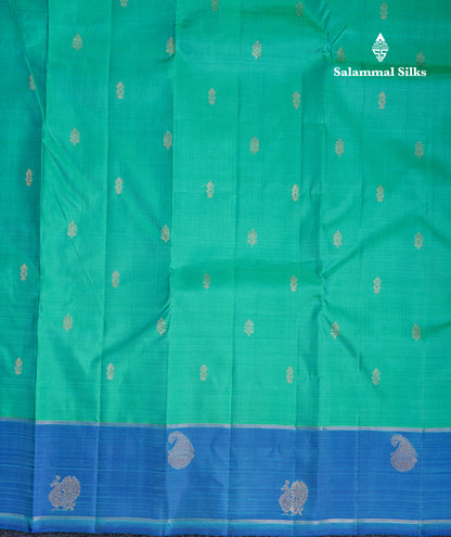 Dual Tone Sapphire Green Pure Kanjivaram Silk Saree Pure Zari with Contrast Blue Traditional Rettapet Border