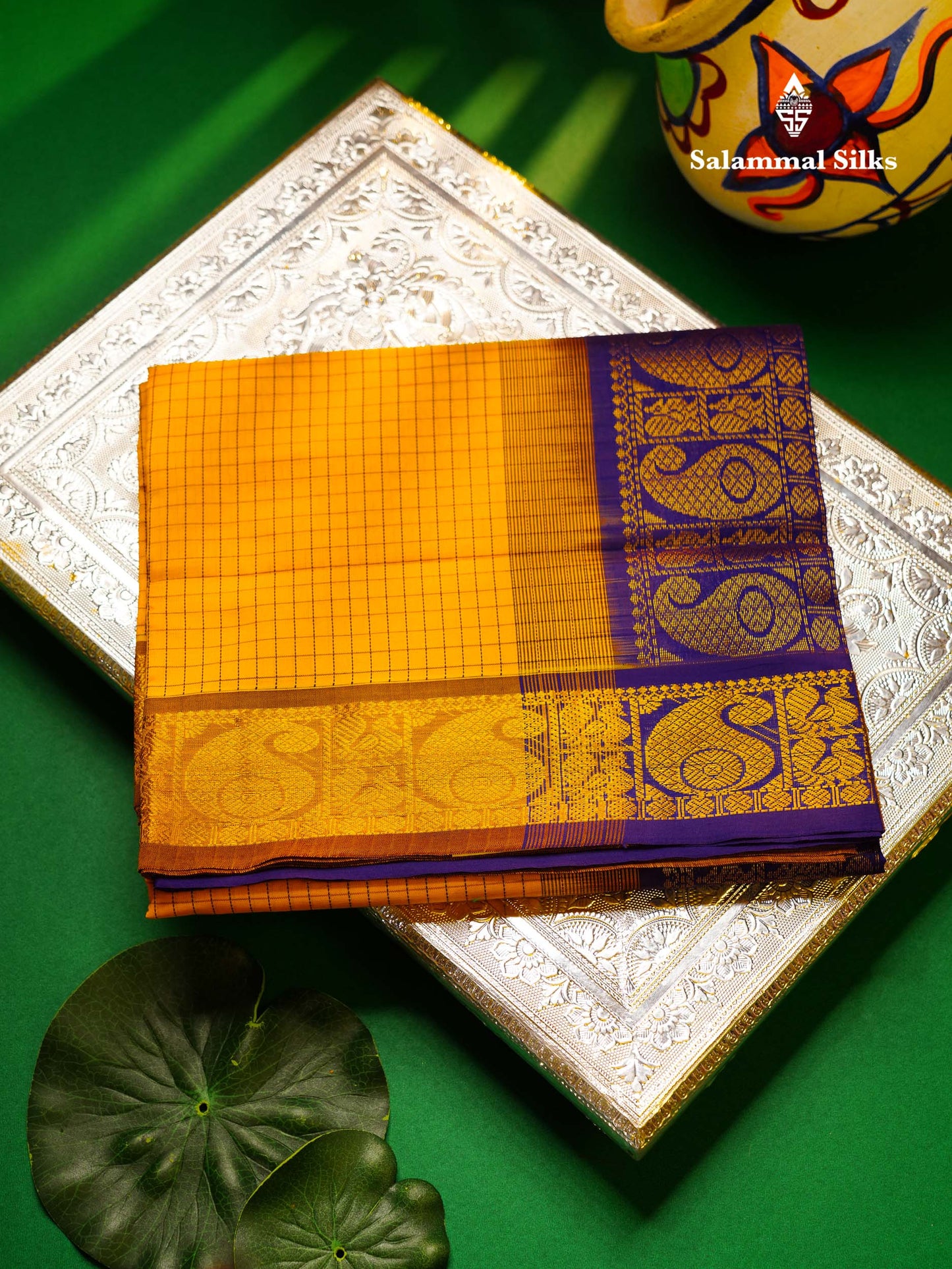 Beautiful Peacock Green Small Checks Semi Silk Cotton Saree With Contrast Orange Blouse