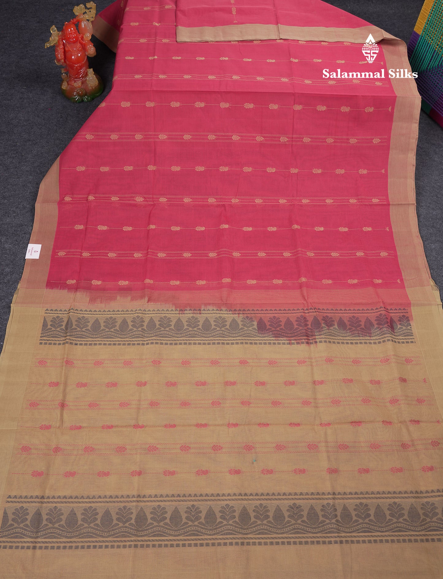 Beautiful Pink Thread Work Butta Handloom Pure Cotton Saree With Contrast Sandal Blouse