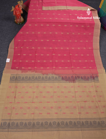 Beautiful Pink Thread Work Butta Handloom Pure Cotton Saree With Contrast Sandal Blouse