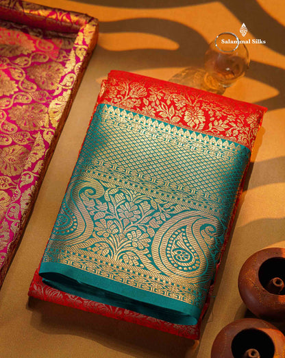 Chilly Red Beautiful Semi Silk Saree With Contrast Peacock Green Traditional Evening Morning Border