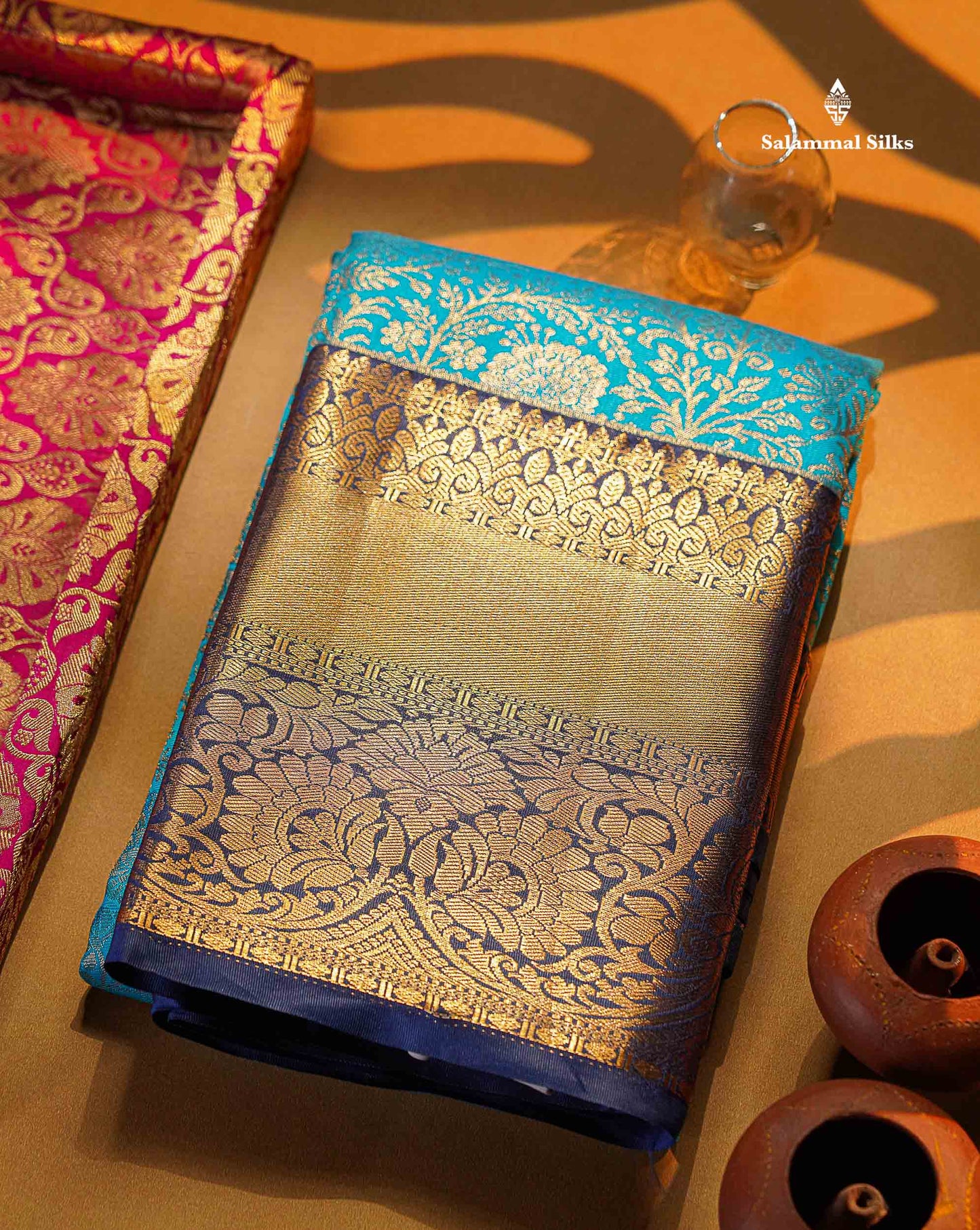Light Ramar Blue Bridal Semi Silk Saree With Contrast Navy Blue Border