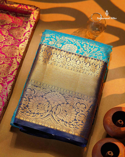 Light Ramar Blue Bridal Semi Silk Saree With Contrast Navy Blue Border