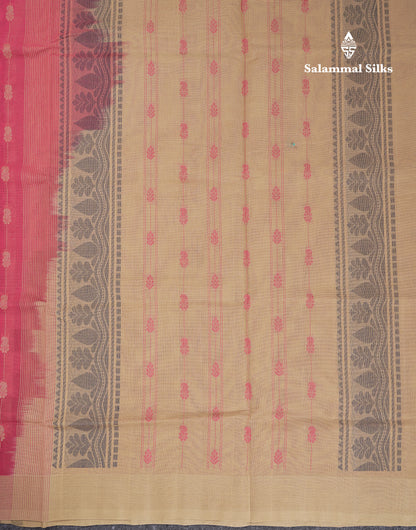 Beautiful Pink Thread Work Butta Handloom Pure Cotton Saree With Contrast Sandal Blouse