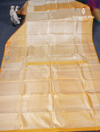 Sandal Bridal Pure Kanjivaram Silk Saree With Contrast Mustard Yellow Menakari Work Evening Morning Border