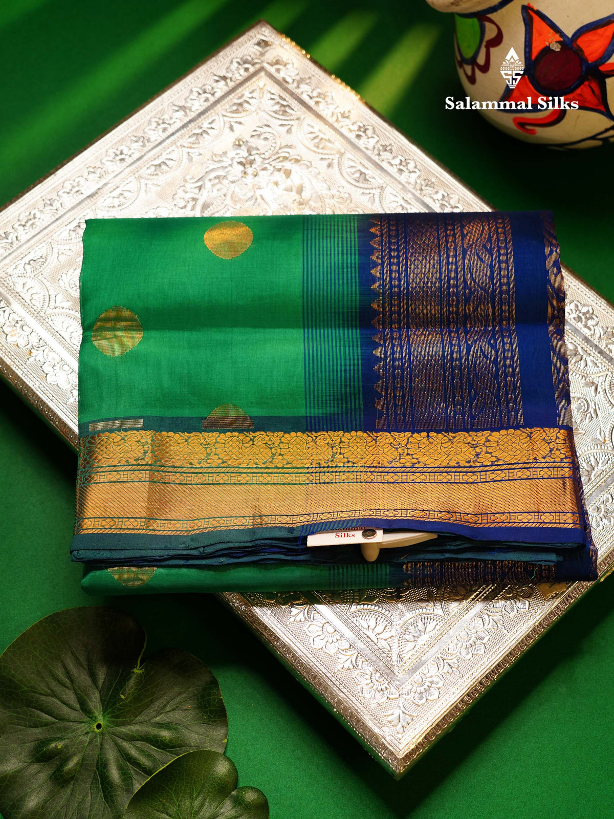 Beautiful Sapphire Green Semi Silk Cotton Saree With Contrast Royal Blue Blouse