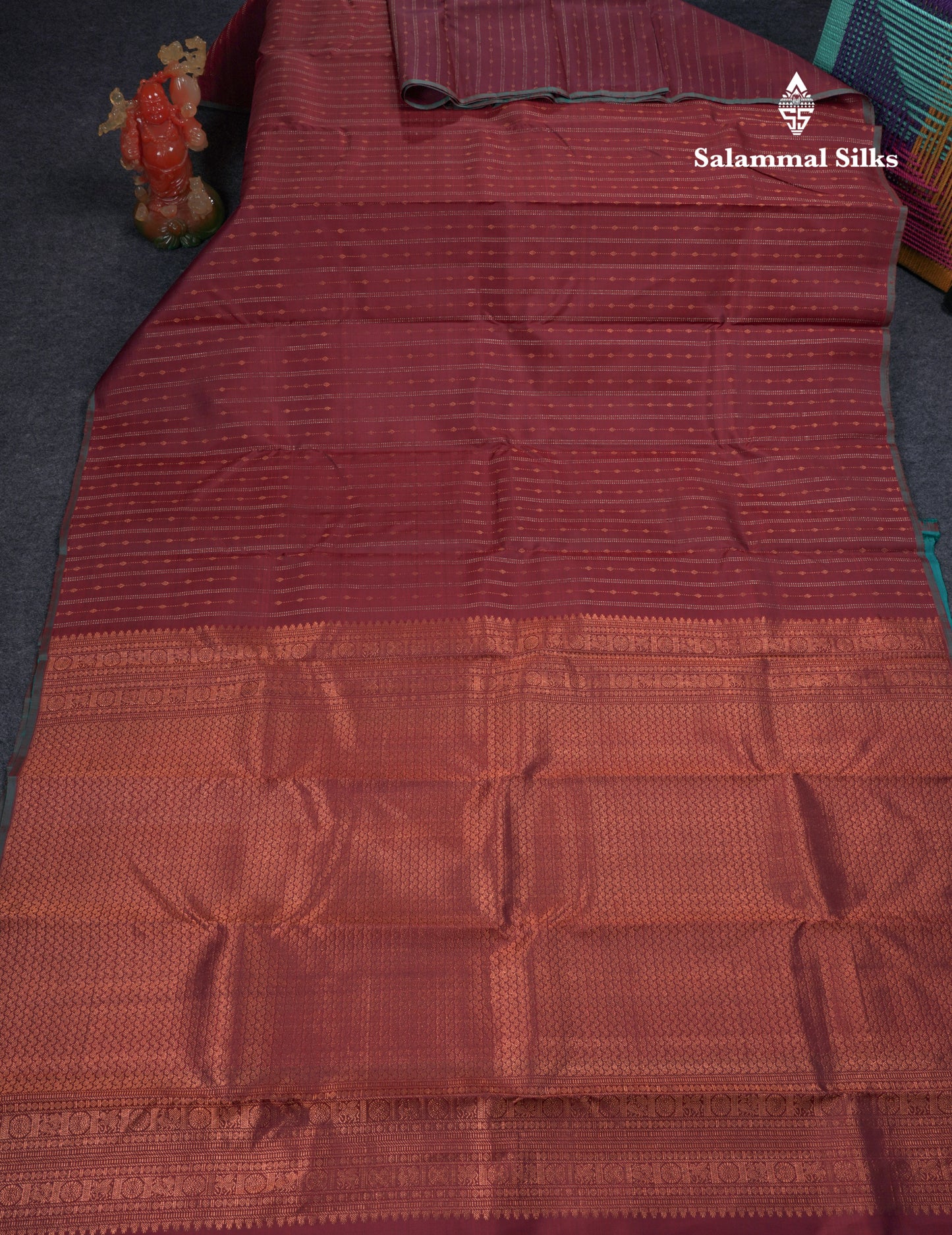 Beautiful Dark Maroon Fancy Pure Kanjivaram Silk Saree With Contrast Peacock Green Blouse